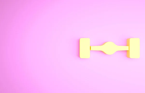Żółta ikona samochodu podwozia odizolowana na różowym tle. Koncepcja minimalizmu. Ilustracja 3D 3D renderowania — Zdjęcie stockowe