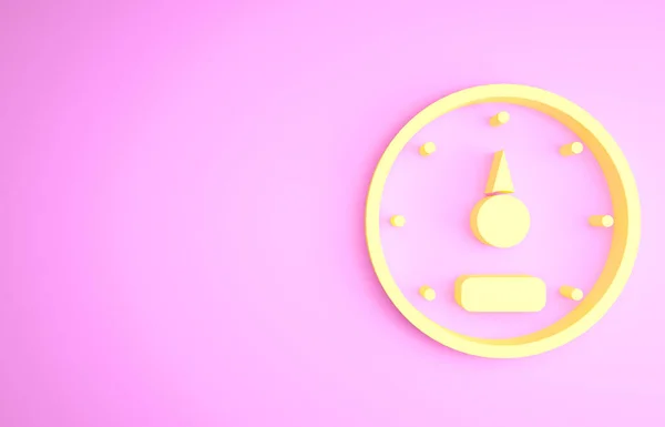 Желтый спидометр значок изолирован на розовом фоне. Концепция минимализма. 3D-рендеринг — стоковое фото