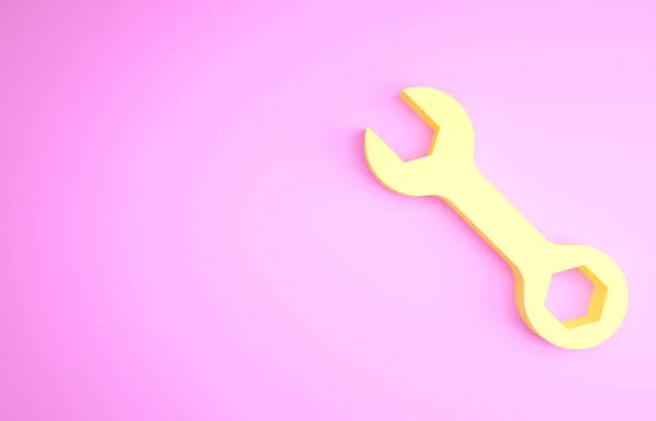 Ikona klucza żółtego odizolowana na różowym tle. Koncepcja minimalizmu. Ilustracja 3D 3D renderowania — Zdjęcie stockowe