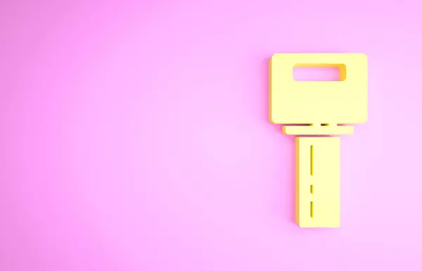 Chiave auto gialla con icona remota isolata su sfondo rosa. Chiave dell'auto e sistema di allarme. Concetto minimalista. Illustrazione 3d rendering 3D — Foto Stock