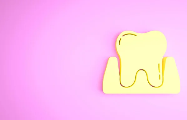 Значок жовтого зуба ізольовано на рожевому фоні. Символ зуба для стоматологічної клініки або стоматологічного медичного центру та пакету зубної пасти. Концепція мінімалізму. 3D ілюстрація 3D рендеринга — стокове фото