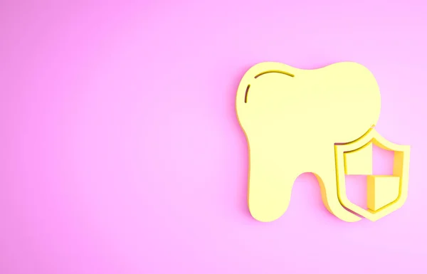 Icono amarillo de protección dental aislado sobre fondo rosa. Diente con logo de escudo. Concepto minimalista. 3D ilustración 3D render — Foto de Stock