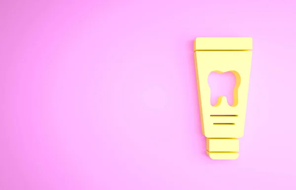 Žlutá trubka z ikony zubní pasty izolované na růžovém pozadí. Minimalismus. 3D ilustrace 3D vykreslení — Stock fotografie