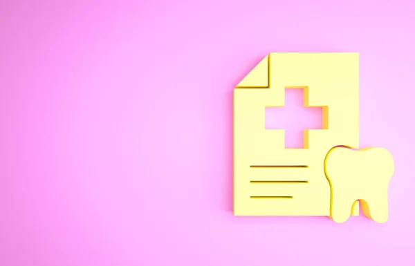 Clipboard Amarelo com cartão dental ou paciente ícone de registros médicos isolados em fundo rosa. Seguro dentário. Relatório da clínica dentária. Conceito de minimalismo. 3D ilustração 3D render — Fotografia de Stock