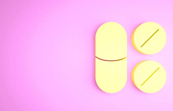 Icône de comprimé analgésique jaune mal de dents isolée sur fond rose. Médecine dentaire. Capsule pilule et drogue. Conception de pharmacie. Concept de minimalisme. Illustration 3D rendu 3D — Photo