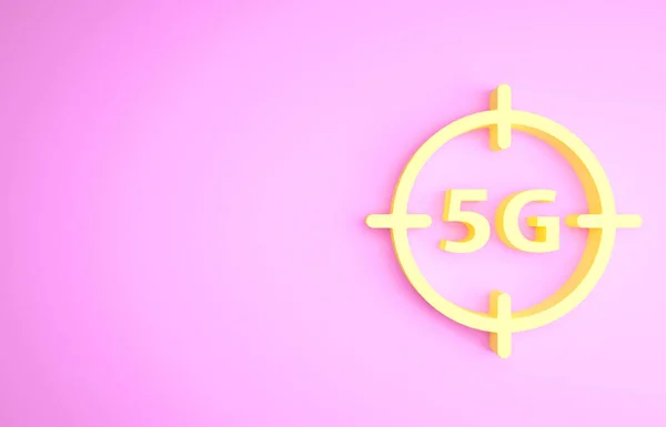 옐로우 5G 새로운 무선 인터넷 와이파이 연결 아이콘 핑크 배경에서 분리. 글로벌 네트워크 고속 연결 데이터 속도 기술. 미니멀리즘의 개념입니다. 3d 삽화 3D 렌더링 — 스톡 사진