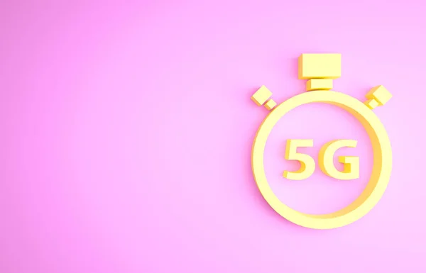Żółty Cyfrowy licznik prędkości z ikoną 5G na różowym tle. Globalna technologia szybkich połączeń sieciowych. Koncepcja minimalizmu. Ilustracja 3D 3D renderowania — Zdjęcie stockowe