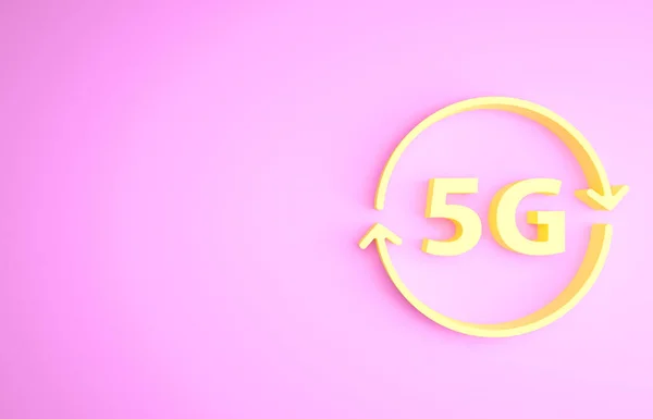 Жовтий 5G новий бездротовий інтернет Wi-Fi значок ізольований на рожевому фоні. Глобальна мережа технології високошвидкісного з'єднання даних швидкості. Концепція мінімалізму. 3D ілюстрація 3D рендеринга — стокове фото