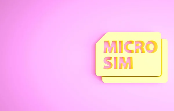 Yellow Micro Sim Card icon isolated on pink background. Mobile and wireless communication technologies. Network chip electronic connection. Minimalism concept. 3d illustration 3D render