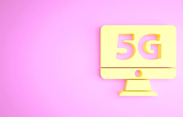 Yellow Monitor z 5G nowy bezprzewodowy internet wifi ikona izolowana na różowym tle. Globalna technologia szybkich połączeń sieciowych. Koncepcja minimalizmu. Ilustracja 3D 3D renderowania — Zdjęcie stockowe