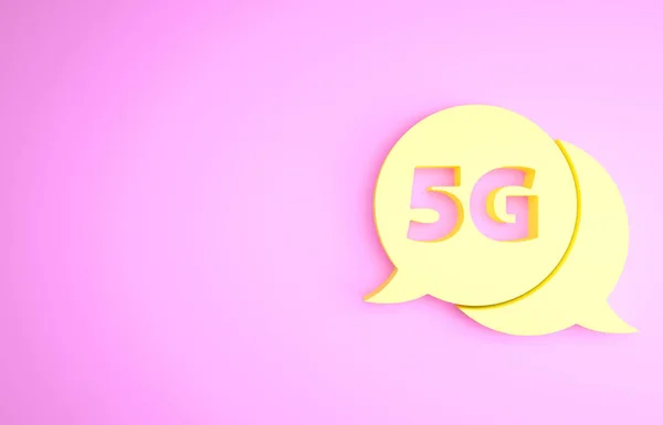 Żółty 5G nowy bezprzewodowy internet bezprzewodowy połączenie ikona izolowane na różowym tle. Globalna technologia szybkich połączeń sieciowych. Koncepcja minimalizmu. Ilustracja 3D 3D renderowania — Zdjęcie stockowe