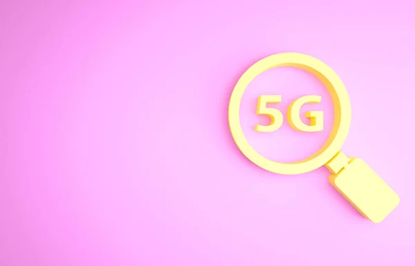 Yellow Search 5G nowy bezprzewodowy internet bezprzewodowy połączenie ikona izolowane na różowym tle. Globalna technologia szybkich połączeń sieciowych. Koncepcja minimalizmu. Ilustracja 3D 3D renderowania — Zdjęcie stockowe