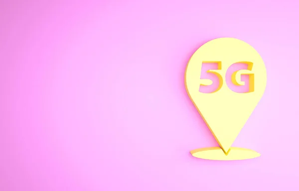 Жовте місце розташування 5G новий бездротовий інтернет Wi-Fi значок ізольовано на рожевому фоні. Глобальна мережа технології високошвидкісного з'єднання даних швидкості. Концепція мінімалізму. 3D ілюстрація 3D рендеринга — стокове фото