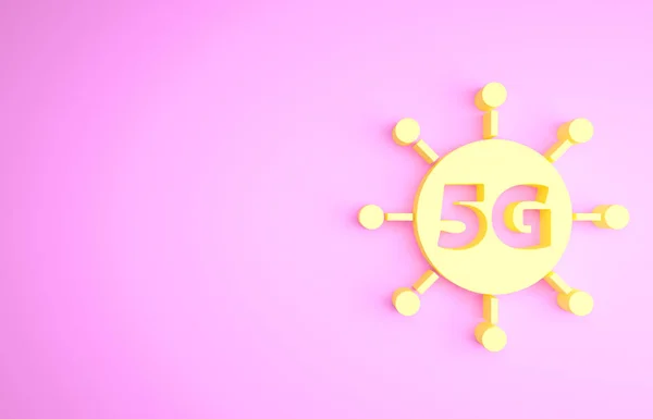 Amarelo 5G novo ícone de conexão Wi-Fi à Internet sem fio isolado no fundo rosa. Tecnologia de taxa de dados de conexão de alta velocidade de rede global. Conceito de minimalismo. 3D ilustração 3D render — Fotografia de Stock