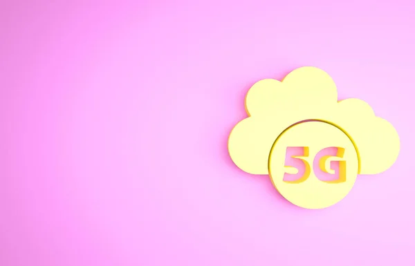 Amarelo Nuvem 5G novo ícone de conexão Wi-Fi à Internet sem fio isolado no fundo rosa. Tecnologia de taxa de dados de conexão de alta velocidade de rede global. Conceito de minimalismo. 3D ilustração 3D render — Fotografia de Stock