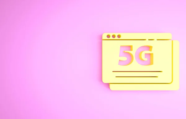 Жовтий 5G новий бездротовий інтернет Wi-Fi значок ізольований на рожевому фоні. Глобальна мережа технології високошвидкісного з'єднання даних швидкості. Концепція мінімалізму. 3D ілюстрація 3D рендеринга — стокове фото