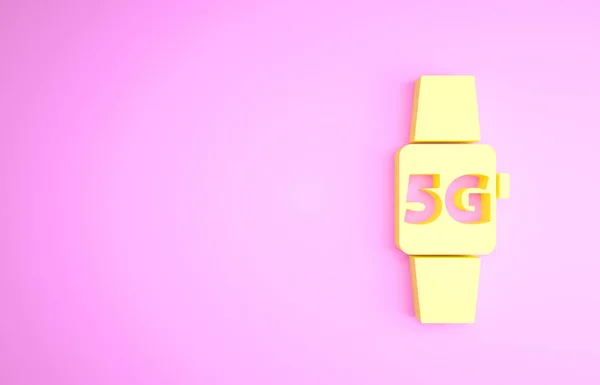 Żółty Smart watch 5G nowy bezprzewodowy internet wifi ikona izolowana na różowym tle. Globalna technologia szybkich połączeń sieciowych. Koncepcja minimalizmu. Ilustracja 3D 3D renderowania — Zdjęcie stockowe