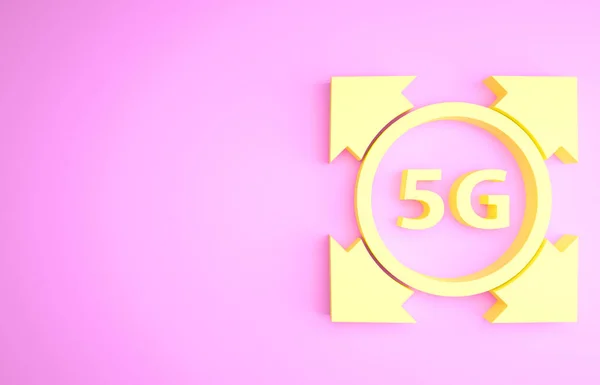 Geel 5G nieuw draadloos internet wifi verbinding pictogram geïsoleerd op roze achtergrond. Wereldwijd netwerk hoge snelheid verbinding datasnelheid technologie. Minimalisme concept. 3d illustratie 3D renderen — Stockfoto