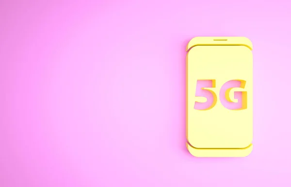 Yellow Mobile con 5G nuova icona wifi internet wireless isolato su sfondo rosa. Tecnologia globale di velocità di connessione ad alta velocità. Concetto minimalista. Illustrazione 3d rendering 3D — Foto Stock