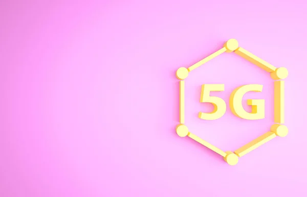 Amarelo 5G novo ícone de conexão Wi-Fi à Internet sem fio isolado no fundo rosa. Tecnologia de taxa de dados de conexão de alta velocidade de rede global. Conceito de minimalismo. 3D ilustração 3D render — Fotografia de Stock