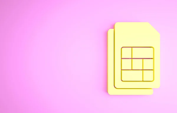 Gelbe Sim-Karte Symbol isoliert auf rosa Hintergrund. Sim-Karten-Chip für Mobiltelefone. Symbol für mobile Telekommunikationstechnologie. Minimalismus-Konzept. 3D Illustration 3D Renderer — Stockfoto