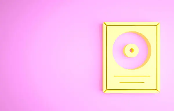 Gele CD disk award in frame icoon geïsoleerd op roze achtergrond. Moderne ceremonie. Beste verkoper. Muzikale trofee. Minimalisme concept. 3d illustratie 3D renderen — Stockfoto
