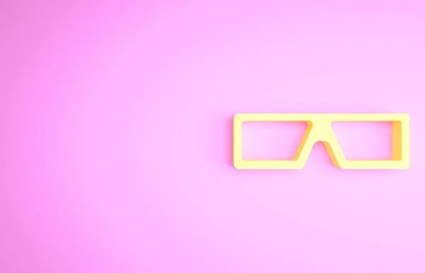 Icône de lunettes de cinéma 3D jaune isolée sur fond rose. Concept de minimalisme. Illustration 3D rendu 3D — Photo