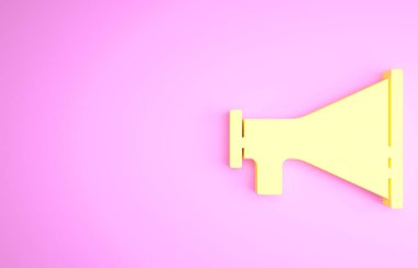 Pembe arka planda izole edilmiş sarı megafon simgesi. Sözcü işareti. Minimalizm kavramı. 3d illüstrasyon 3B canlandırma