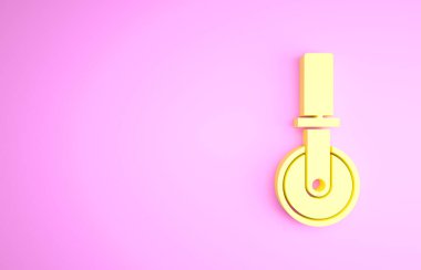 Pembe arka planda izole edilmiş sarı pizza bıçağı ikonu. Pizza kesme tabelası. Çelik mutfak gereçleri. Minimalizm kavramı. 3d illüstrasyon 3B canlandırma