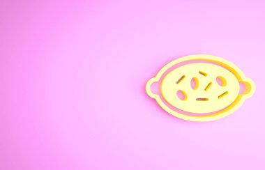 Pembe arka planda izole edilmiş bir kase ikonunda sarı Kheer. Geleneksel Hint yemekleri. Minimalizm kavramı. 3d illüstrasyon 3B canlandırma