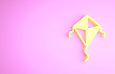 Sarı Kite simgesi pembe arkaplanda izole edildi. Minimalizm kavramı. 3d illüstrasyon 3B canlandırma