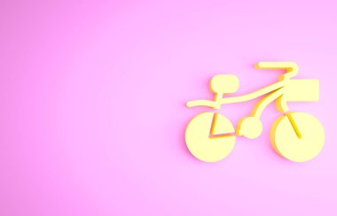 Pembe arka planda izole edilmiş sarı bisiklet ikonu. Bisiklet yarışı. Olağanüstü bir spor. Spor malzemeleri. Minimalizm kavramı. 3d illüstrasyon 3B canlandırma