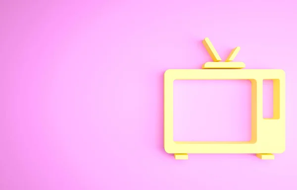 Icona tv retrò gialla isolata su sfondo rosa. Segnale televisivo. Concetto minimalista. Illustrazione 3d rendering 3D — Foto Stock