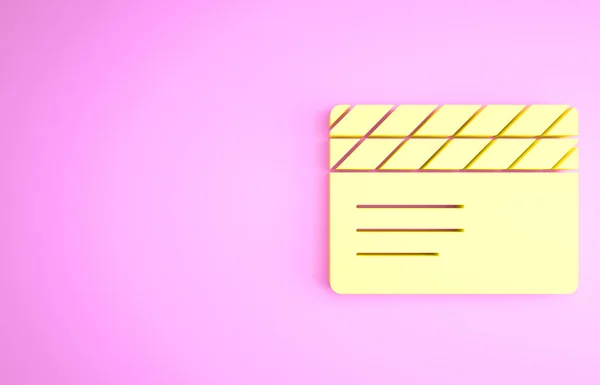 Yellow Movie clapper-ikon isolert på rosa bakgrunn. Filmklapper. Klapperbrettskilt. Kinoproduksjon eller medieindustri. Minimaliseringskonsept. 3d illustrasjon 3D render – stockfoto