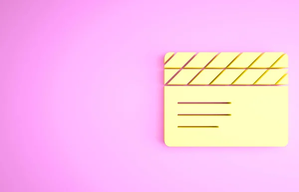 Icona applauso film giallo isolato su sfondo rosa. Scheda applauso pellicola. Cartello di clapperboard. Produzione cinematografica o industria dei media. Concetto minimalista. Illustrazione 3d rendering 3D — Foto Stock