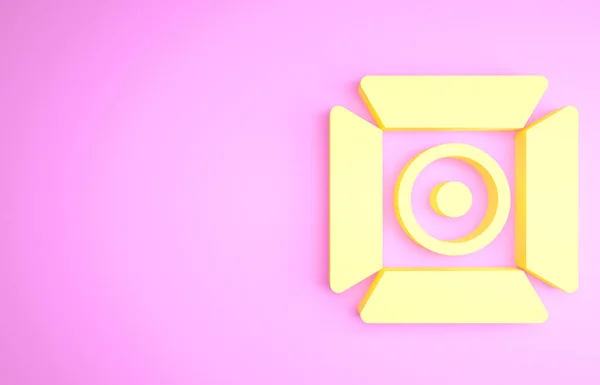 Sárga film reflektorfény ikon elszigetelt rózsaszín háttér. Fényeffektus. Jelenet, Stúdió, Show. Minimalizmus koncepció. 3d illusztráció 3D render — Stock Fotó