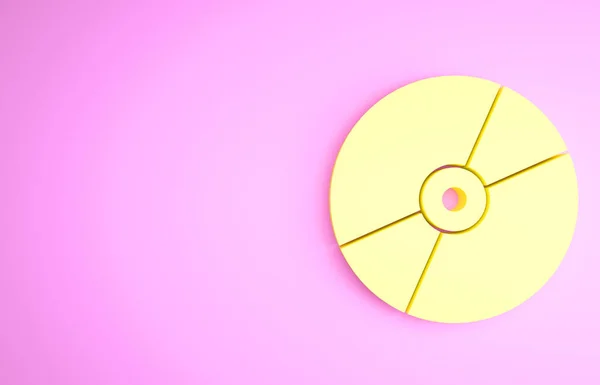 Sárga CD vagy DVD lemez ikon elszigetelt rózsaszín alapon. Kompakt lemezjel. Minimalizmus koncepció. 3d illusztráció 3D render — Stock Fotó