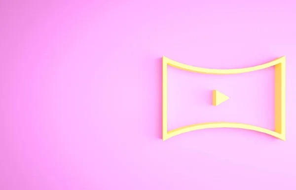 Jaune en ligne jouer icône vidéo isolé sur fond rose. Bande de film avec panneau de jeu. Concept de minimalisme. Illustration 3D rendu 3D — Photo