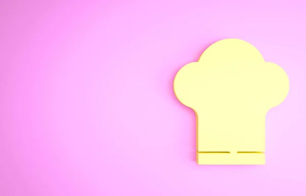 Chef amarillo sombrero icono aislado sobre fondo rosa. Símbolo de cocina. Sombrero de cocina. Concepto minimalista. 3D ilustración 3D render —  Fotos de Stock