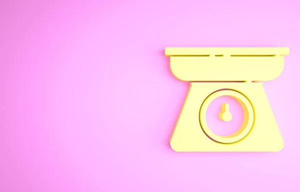 Icona Bilance gialle isolata su sfondo rosa. Apparecchiature di misura del peso. Concetto minimalista. Illustrazione 3d rendering 3D — Foto Stock