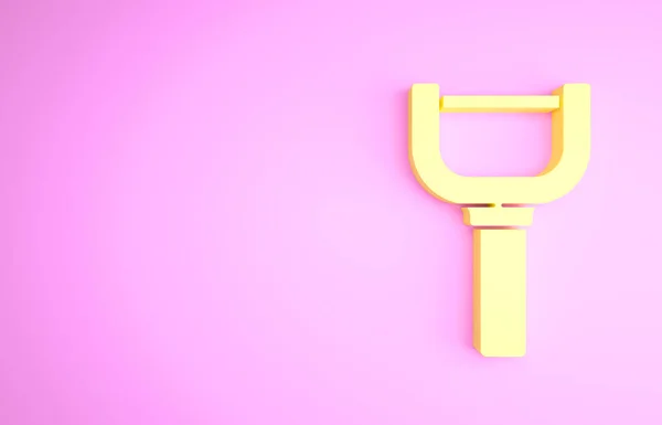 Sárga Peeler ikon elszigetelt rózsaszín háttérrel. Kés a zöldségek tisztításához. Konyhai eszköz, készülék. Minimalizmus koncepció. 3d illusztráció 3D render — Stock Fotó