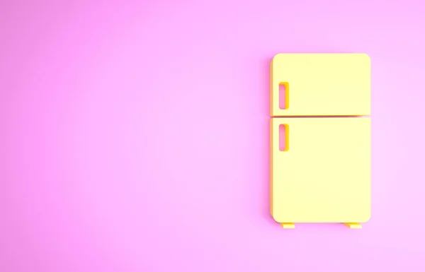 Ícone amarelo do refrigerador isolado no fundo rosa. Frigorífico congelador geladeira. Tecnologia doméstica e electrodomésticos. Conceito de minimalismo. 3D ilustração 3D render — Fotografia de Stock