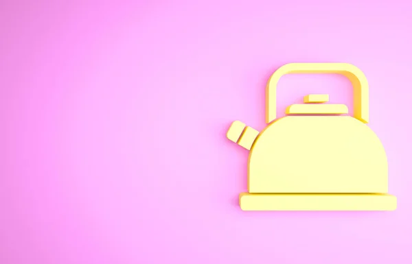 Hervidor amarillo con icono de mango aislado sobre fondo rosa. Icono de tetera. Concepto minimalista. 3D ilustración 3D render — Foto de Stock