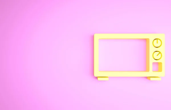 Ícone amarelo do forno de microondas isolado sobre fundo rosa. Ícone eletrodomésticos. Conceito de minimalismo. 3D ilustração 3D render — Fotografia de Stock