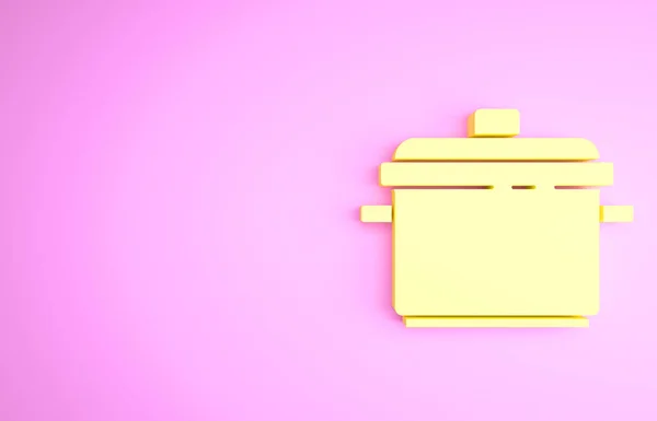 Ícone de panela de cozinha amarelo isolado no fundo rosa. Ferva ou guisado símbolo de comida. Conceito de minimalismo. 3D ilustração 3D render — Fotografia de Stock