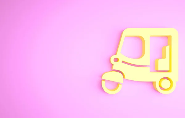 Táxi amarelo tuk tuk ícone isolado no fundo rosa. Conceito de riquixá auto indiano. Delhi auto. Conceito de minimalismo. 3D ilustração 3D render — Fotografia de Stock