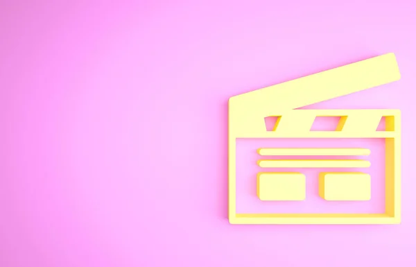 Ícone de cinema índio Bollywood amarelo isolado em fundo rosa. Palmas de filme. Placa de palmas de filme. Produção de cinema ou indústria de mídia. Conceito de minimalismo. 3D ilustração 3D render — Fotografia de Stock