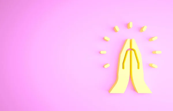 Żółte ręce w pozycji modlitewnej ikona izolowana na różowym tle. Modlitwa do Boga z wiarą i nadzieją. Koncepcja minimalizmu. Ilustracja 3D 3D renderowania — Zdjęcie stockowe