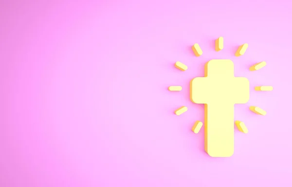 ピンクの背景に孤立した黄色のキリスト教徒の十字アイコン。教会の十字架。最小限の概念。3Dイラスト3Dレンダリング — ストック写真