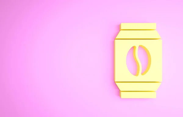 Saco amarelo de grãos de café ícone isolado no fundo rosa. Conceito de minimalismo. 3D ilustração 3D render — Fotografia de Stock